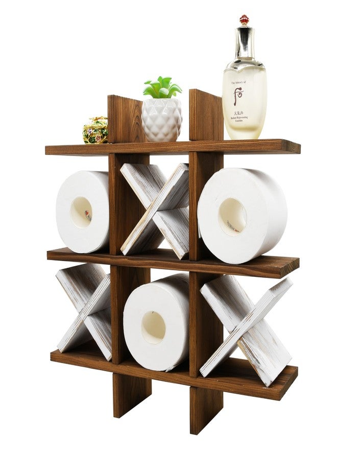 Owlgift Tic Tac Toe Toilet Paper Holder Rack Rustic Burnt Wooden Toilet Paper Storage Bathroom Hanging Storage Wall Mounted Shelves Décor for Toilet Tissue Farmhouse - Image 3