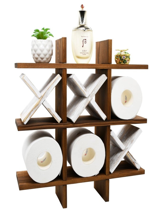 Owlgift Tic Tac Toe Toilet Paper Holder Rack Rustic Burnt Wooden Toilet Paper Storage Bathroom Hanging Storage Wall Mounted Shelves Décor for Toilet Tissue Farmhouse - Image 1