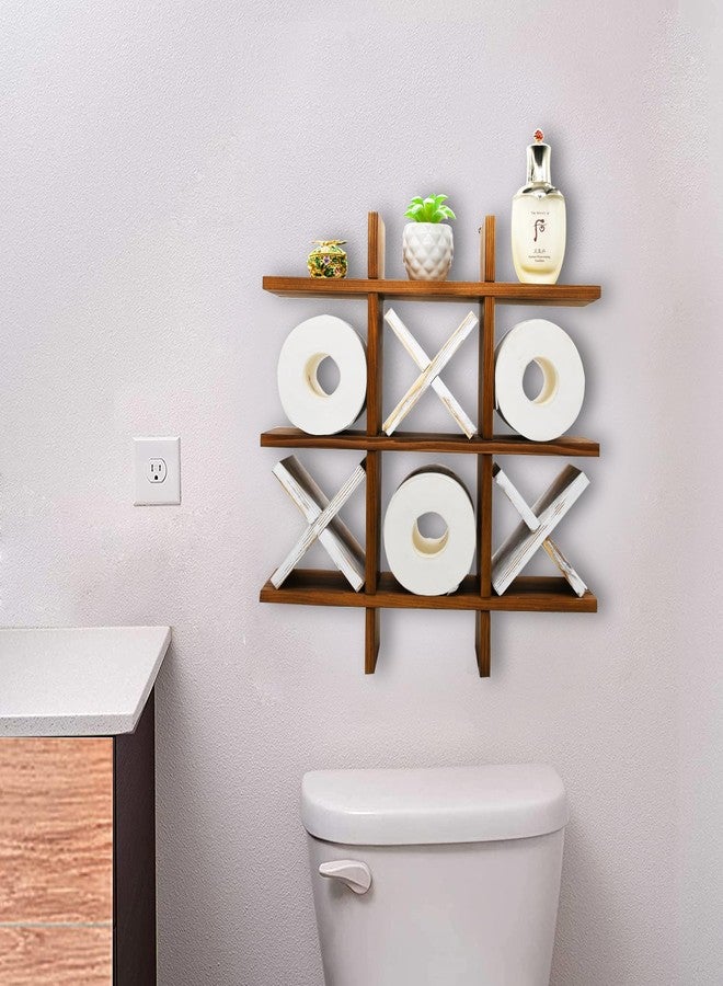Owlgift Tic Tac Toe Toilet Paper Holder Rack Rustic Burnt Wooden Toilet Paper Storage Bathroom Hanging Storage Wall Mounted Shelves Décor for Toilet Tissue Farmhouse - Image 4
