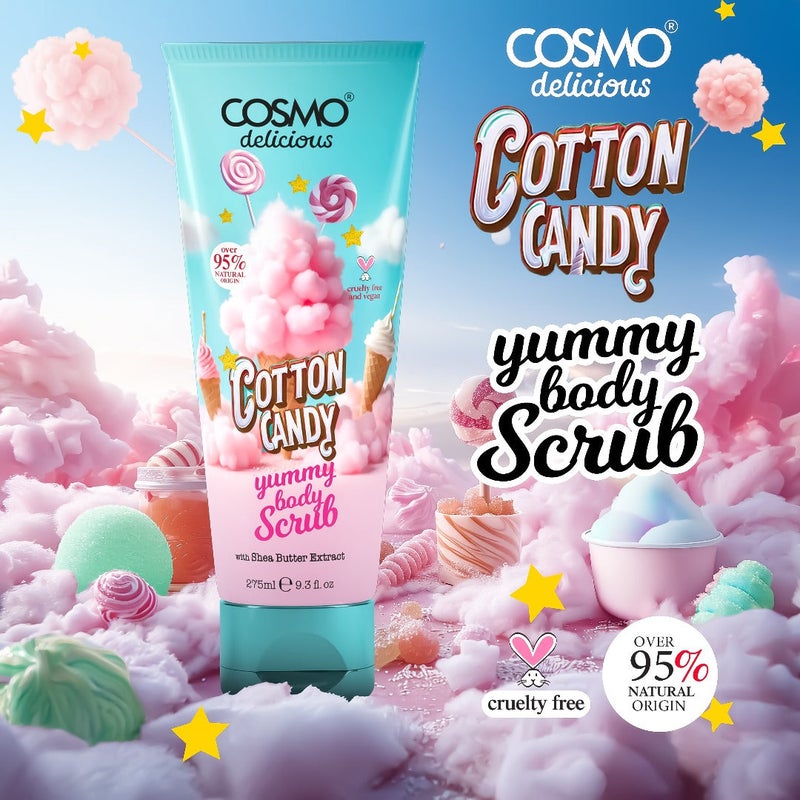 Cosmo Delicious Cotton Candy With Shea Body Scrub For Men & Women 275ml, Exfoliating Body Scrub, Hydrating & Nourishing, Sugar Scrub, Sweet Cotton Candy Fragrance, Dead & Deep Skin Cleansing - Image 2