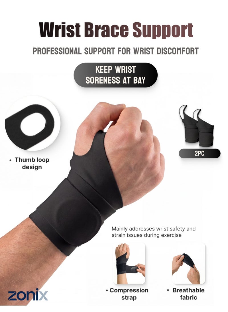 ZONIX 2-Pack Wrist Support Brace with Thumb Loop, Adjustable Compression Wrap, Ultra-Thin Breathable Elastic Straps for Pain Relief, Carpal Tunnel, Tendonitis & Arthritis – Ideal for Office Work, Typing, Gaming & Daily Tasks, Fits Men & Women (Universal Left/Right) - Image 1