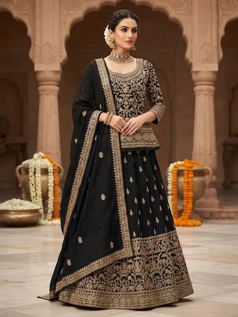 Viny VINY Black 3-Piece Embroidered Peplum Top Lehenga Set – Women's Indian Ethnic Wear