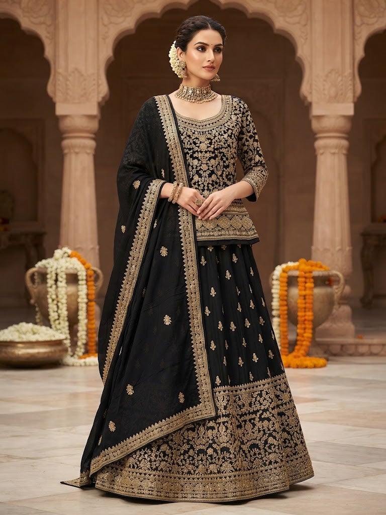 VINY Black 3-Piece Embroidered Peplum Top Lehenga Set – Women's Indian Ethnic Wear - Image 1