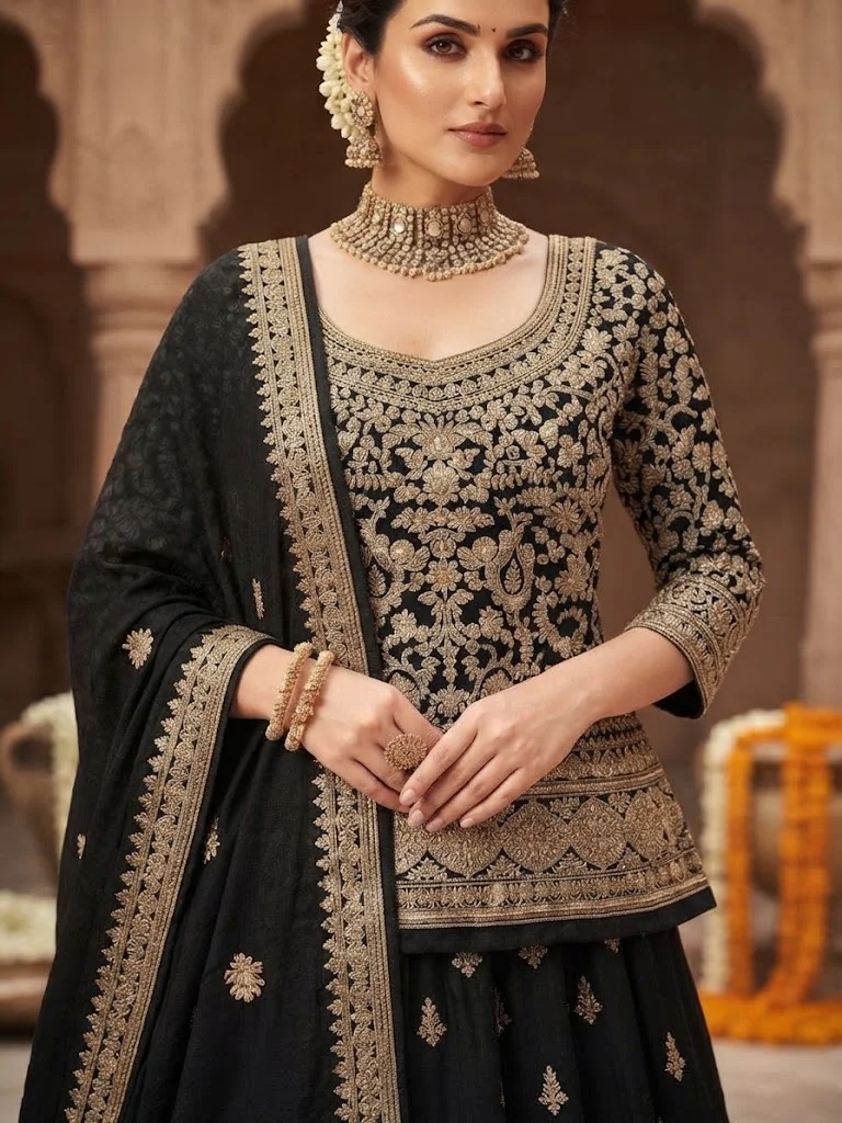 Viny VINY Black 3-Piece Embroidered Peplum Top Lehenga Set – Women's Indian Ethnic Wear