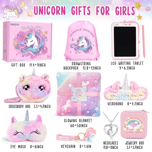 Golray 10 Pcs Unicorn Gifts for Girls Toys Christmas Birthday Gifts Kids Girls Age 3 4 5 6 7 8 9 12 with Glowing Blanket/LCD Drawing Tablet, Unicorn Kids Girls Toys for Daughter, Niece, Granddaughter - Image 2
