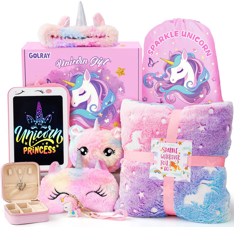 Golray 10 Pcs Unicorn Gifts for Girls Toys Christmas Birthday Gifts Kids Girls Age 3 4 5 6 7 8 9 12 with Glowing Blanket/LCD Drawing Tablet, Unicorn Kids Girls Toys for Daughter, Niece, Granddaughter - Image 1