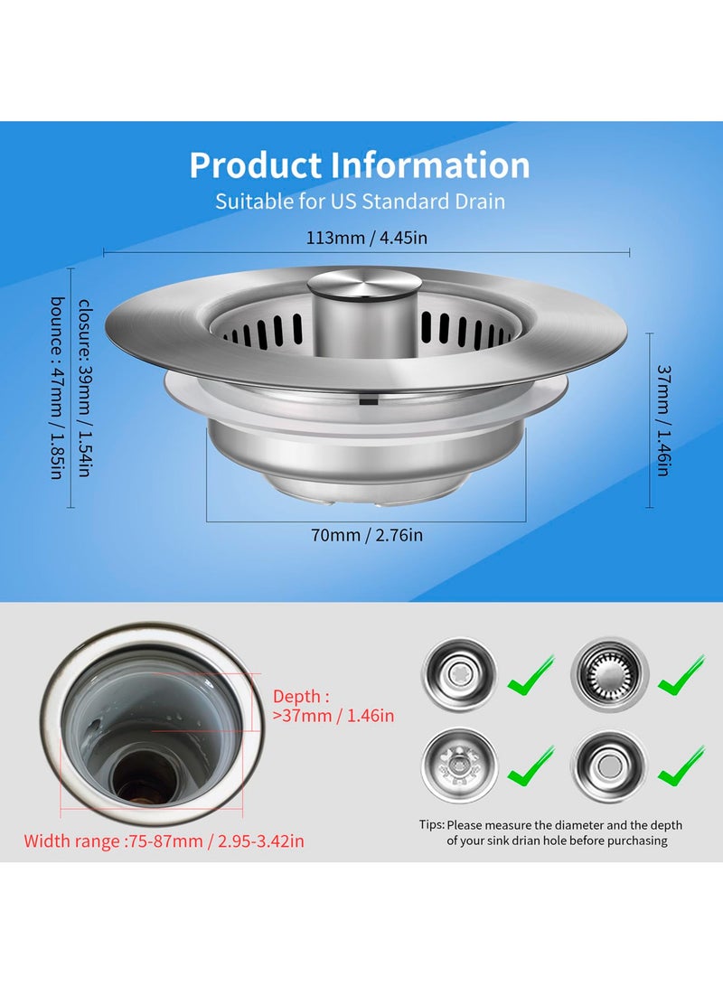 3-in-1 Stainless Steel Sink Strainer and Stopper, Anti-Clog Food Catcher with Fast Drainage and Odor Filter - Image 5