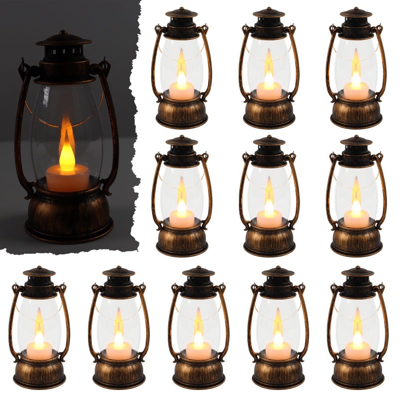 Reperla 12Pcs Mini Lantern Decorative with Flickering LED Candle 6Inch Small Western Lantern for Table Centerpiece Vintage Hanging Candle Holders for Western Halloween Camping Party Decor Brown