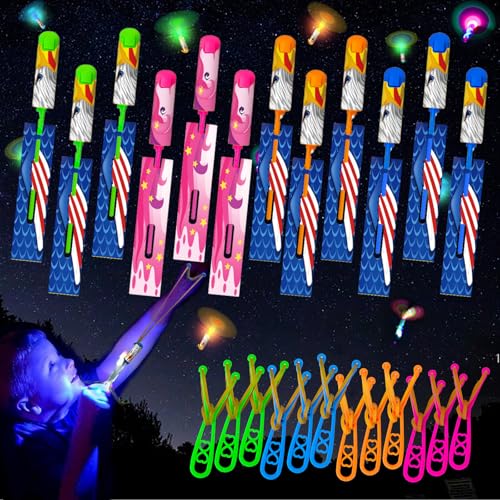 Bloolilies 72 Pcs LED Slingshot Flying Toys for Kids with 36Pcs Slingshots36Pcs Glow Helicopters Glow in The Dark Rocket Launcher Outdoor Light Up Toys Easter Gifts Party Favors for kids 48 812 - Image 1