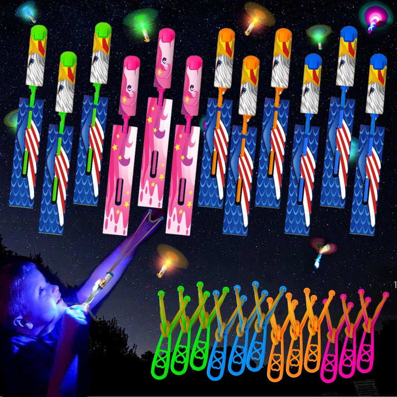 Bloolilies 72 Pcs LED Slingshot Flying Toys for Kids with 36Pcs Slingshots36Pcs Glow Helicopters Glow in The Dark Rocket Launcher Outdoor Light Up Toys Easter Gifts Party Favors for kids 48 812 - Image 3
