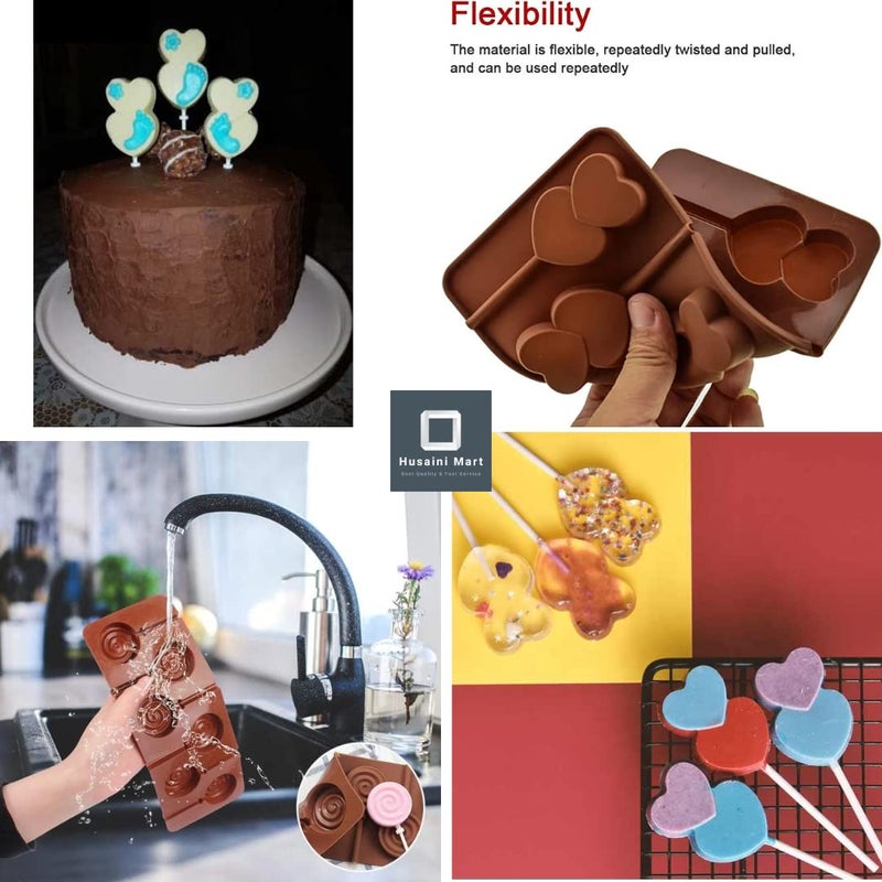 Husaini Mart HUSAINI MART 6 Slot Double Heart 3D Lollipop Silicone Candy Chocolate Mould Valentines Day Special Cake Decorating Baking Molds  - Image 4