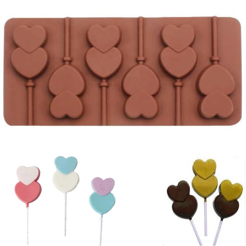 Husaini Mart HUSAINI MART 6 Slot Double Heart 3D Lollipop Silicone Candy Chocolate Mould Valentines Day Special Cake Decorating Baking Molds  - Image 1