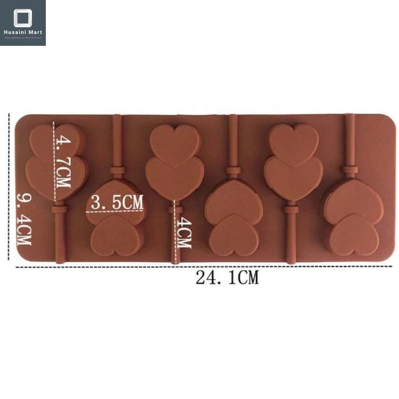 Husaini Mart HUSAINI MART 6 Slot Double Heart 3D Lollipop Silicone Candy Chocolate Mould Valentines Day Special Cake Decorating Baking Molds  - Image 2