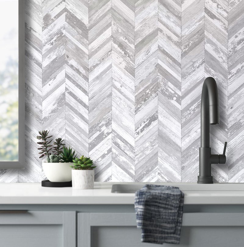 DICOFUN 10-Sheet Herringbone Peel and Stick Backsplash, Vintage White Wood Look PVC Stick on Backsplash for Kitchen and Bathroom - Image 3