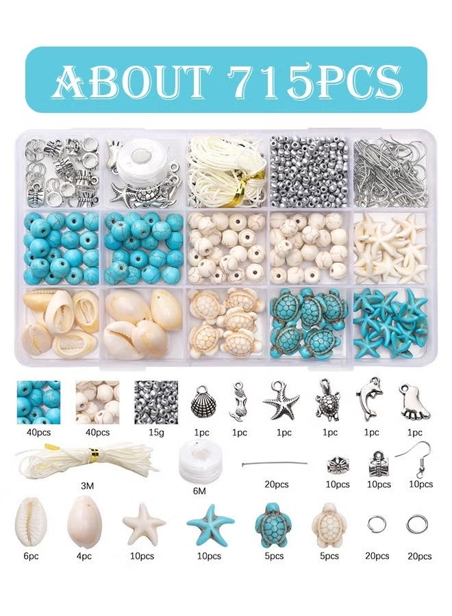 715 pcs Ocean Style Vacation Turquoise, Synthetic Turquoise Beads, Turtle Beads Charms Starfish Gemstone Stone for Jewelry Making DIY Bracelet Necklace - Image 2