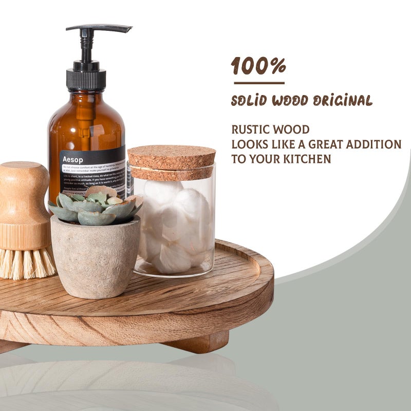 zoocatia Round Decorative Tray Wood Bathroom Counter Organizer Farmhouse Kitchen Decor Wooden Riser for Soap Dish, Perfume, Candle, Sponge, 10" - Brown - Image 4