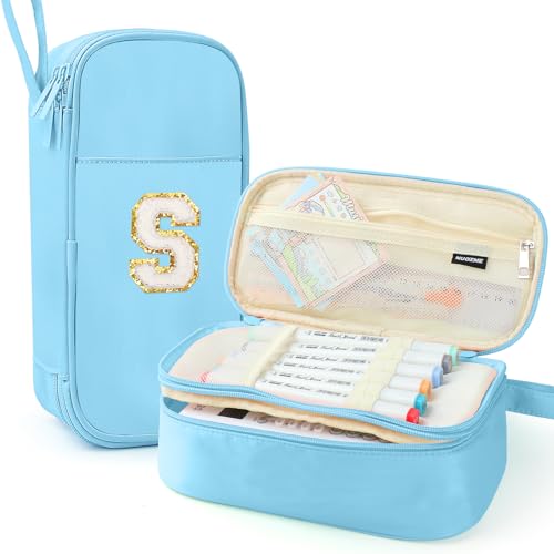 Nuozme Large Pencil Case,Big Capacity Pencil Pouch,Personalized Initial Pencil Bag with smooth zipper,Multiple Pockets,Cute Aesthetic Stationery Pen Case Bag for Teen Girls College (Blue, S) - Image 1