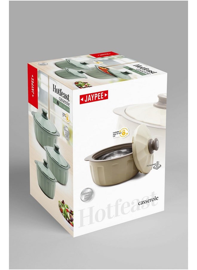JAYPEE - JAYPEE HOTFEAST Inner Stainless-Steel Insulated Casserole (800+1200+1500) ml Set of 3 with Lockable Lid, BPA Free Set |Serving Set | Ideal for Warm & Fresh Food, Green - Image 1