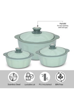 JAYPEE JAYPEE HOTFEAST Inner Stainless-Steel Insulated Casserole (800+1200+1500) ml Set of 3 with Lockable Lid, BPA Free Set |Serving Set | Ideal for Warm & Fresh Food, Green  - Image 3