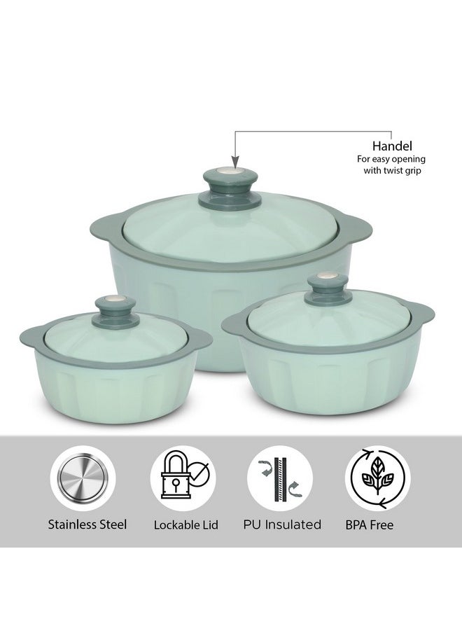 JAYPEE - JAYPEE HOTFEAST Inner Stainless-Steel Insulated Casserole (800+1200+1500) ml Set of 3 with Lockable Lid, BPA Free Set |Serving Set | Ideal for Warm & Fresh Food, Green - Image 1