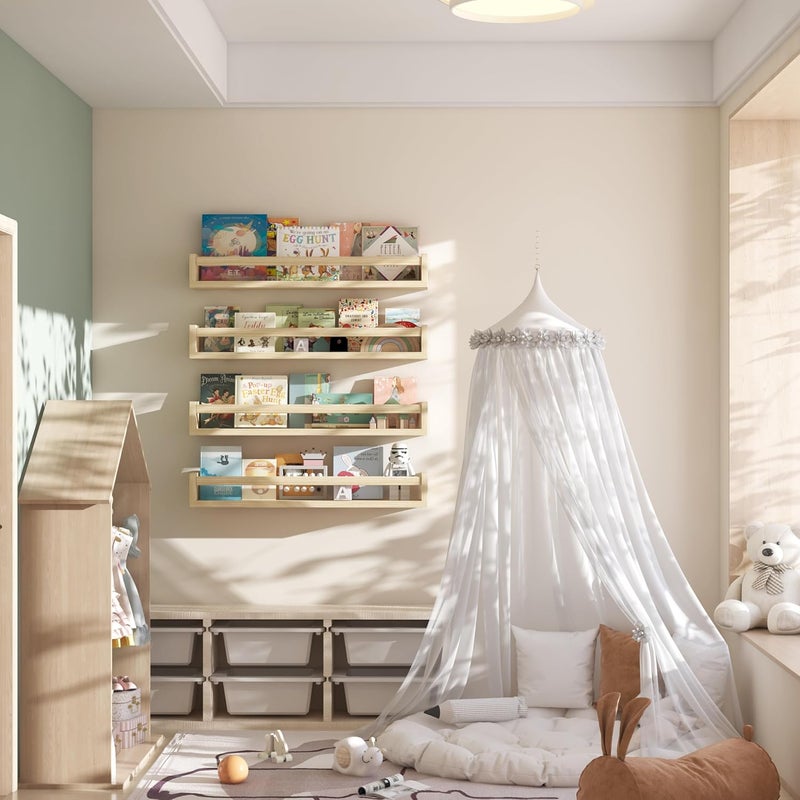 Onlysky Set of 4 Wall-Mounted Kid's Bookshelf - Wood Floating Nursery Book Shelves - Durable Wood Construction - Ideal for Nursery Decor, Kids Room, Toy Storage - Image 3