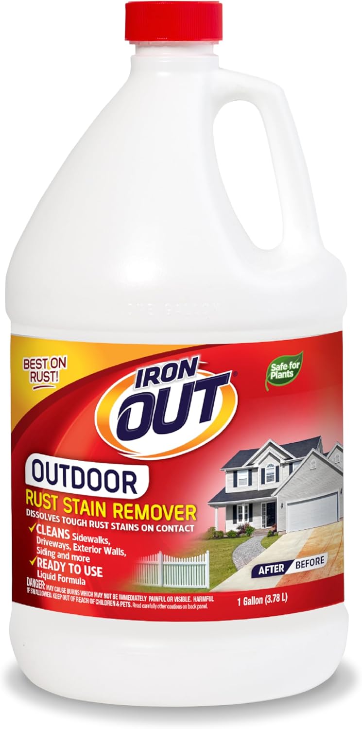 IronOut مزيل بقع الصدأ السائل، جاهز للاستخدام، يزيل بقع الصدأ بسرعة من الخرسانة، الفينيل والأسطح الخارجية الأخرى، بدون فرك، آمن للاستخدام، مصنوع في الولايات المتحدة الأمريكية، 1 جالون - Image 1