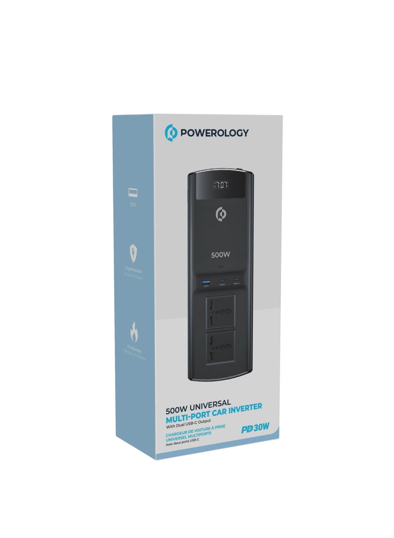 Powerology 500W Universal Multi-Port Car Inverter with Dual USB-C Output / Battery Alligator Clip 50 cm Cable / Fast Charging Compatible with iPhone Series 16/15/14/13/12 - Black  - Image 4