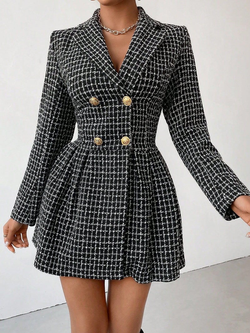 utcoco Women's 2025 Fall Plaid Tweed Dress Notched Lapel Double Breasted Elegant A Line Mini Jackie Dress (X-Small, Black) - Image 5