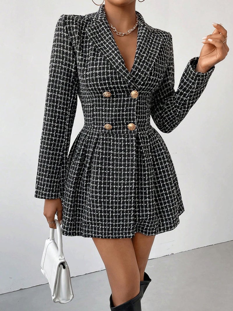 utcoco Women's 2025 Fall Plaid Tweed Dress Notched Lapel Double Breasted Elegant A Line Mini Jackie Dress (X-Small, Black) - Image 4