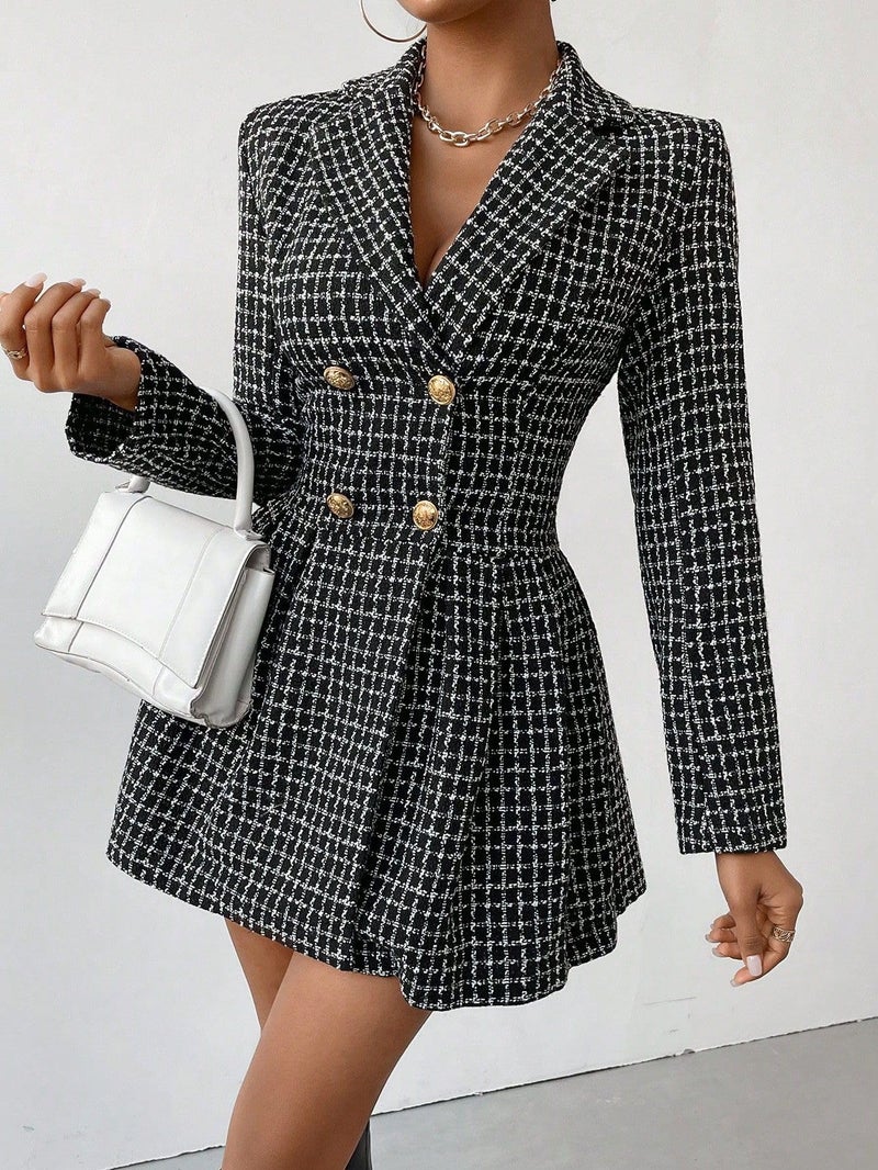 utcoco Women's 2025 Fall Plaid Tweed Dress Notched Lapel Double Breasted Elegant A Line Mini Jackie Dress (X-Small, Black) - Image 2