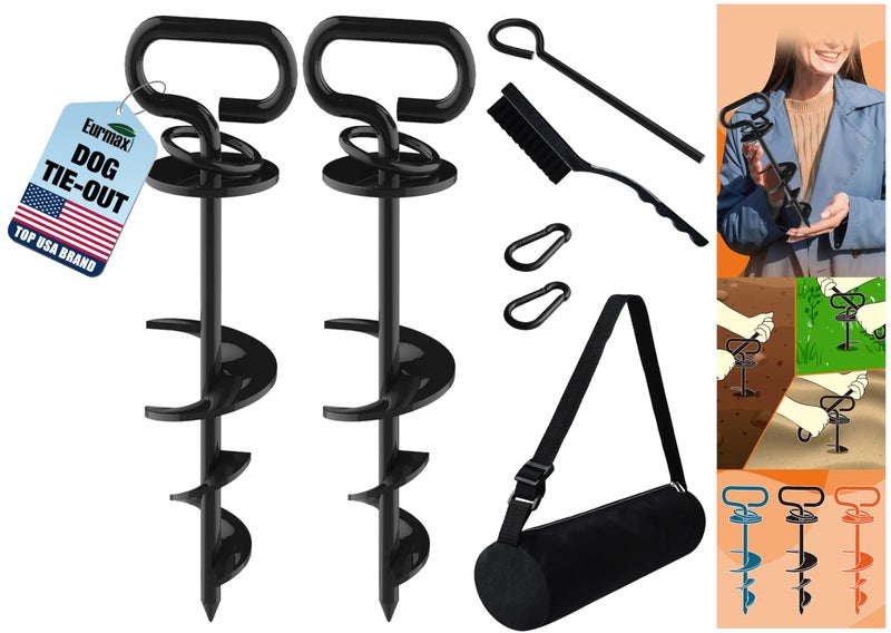 Eurmax USA Dog Tie Out Stake Triple Lock Heavy Duty Dog Anchor for Large Dogs Trampoline Stakes Dog for Yard and Outdoor Dog Runner Install & Travel Kit Included,2-Pack(Black) - Image 1