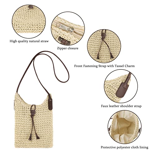 Youjaree Womens Small Straw Crossbody Bag Handwoven Beach Shoulder Bag Handbag Purse with Tassel for Summer (Beige) - Image 2