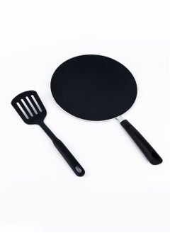 2pc Set of 28cm Nonstick Tawa Crepe Pan Compatible with Induction Cooktop with Slotted Turner - Black