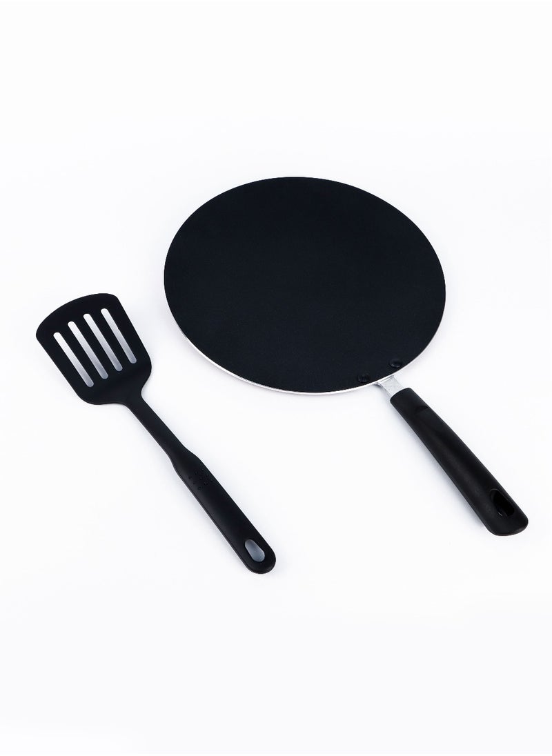 BECHOWARE - 2pc Set of 28cm Nonstick Tawa Crepe Pan Compatible with Induction Cooktop with Slotted Turner - Black - Image 1