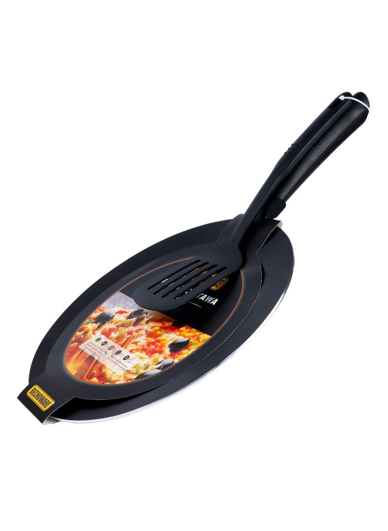 BECHOWARE - 2pc Set of 28cm Nonstick Tawa Crepe Pan Compatible with Induction Cooktop with Slotted Turner - Black - Image 1