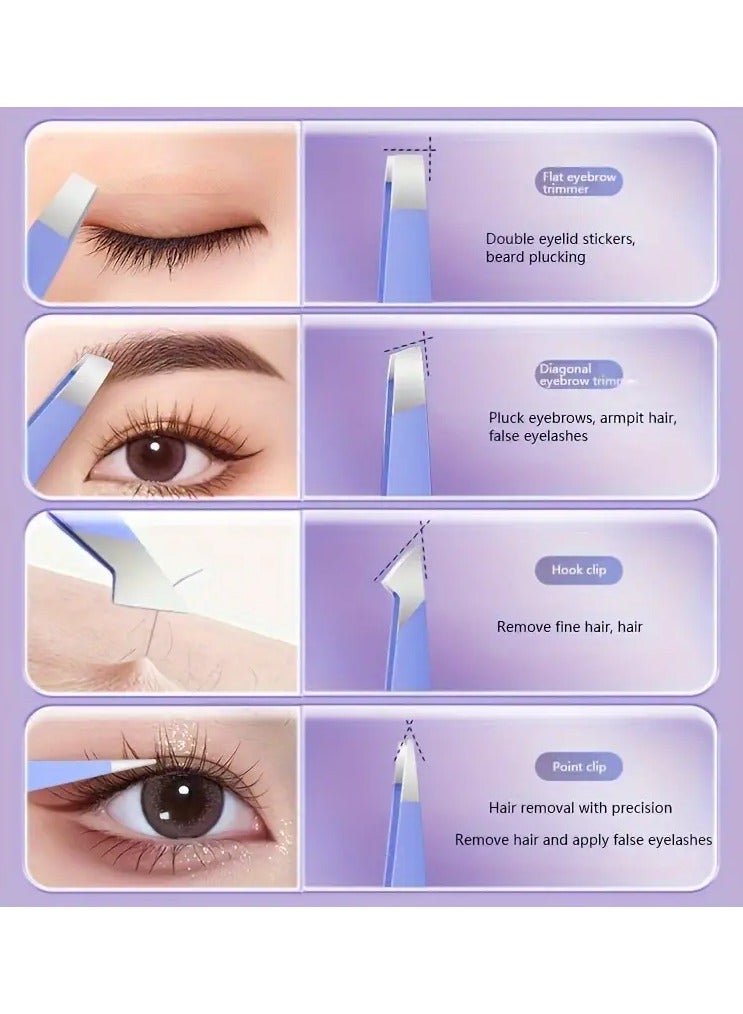 LANGMANNI 4pcs Stainless Steel Tweezers Set - Precision Eyebrow & Lash Clips, Rust-Resistant Makeup Tools for Perfect Plucking - Image 4
