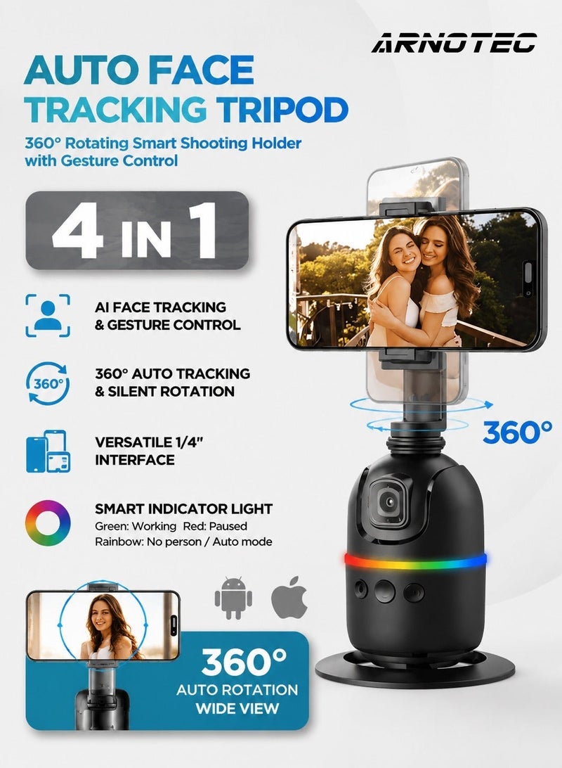 ARNOTEC Auto Face Tracking Tripod - 360° Rotating Smart Shooting Holder with Gesture Control | Detachable Stand Tripod for Vlogging, Streaming, Instagram Reels| Rechargeable - Image 1