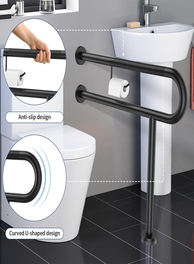 ZUEXT Toilet Support Rail w/Toilet Paper Holder 31.5x28 Inch, ZUEXT Wall to Floor Matte Black Anti-slip Handicap Grab Bar for Bathroom,Stainless Steel Safety handrails with Leg for Elderly Disabled Pregnant - Image 3