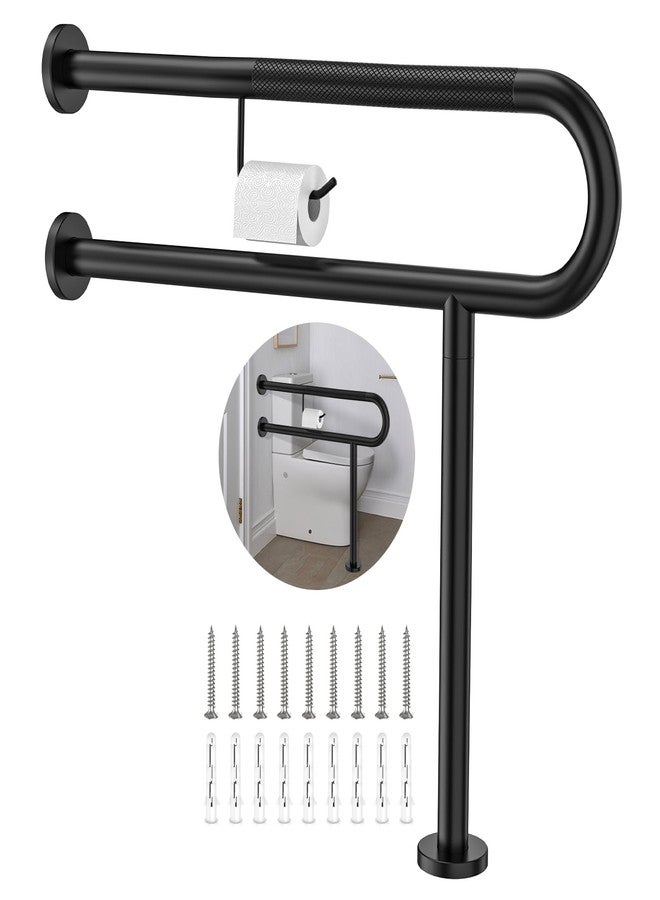ZUEXT Toilet Support Rail w/Toilet Paper Holder 31.5x28 Inch, ZUEXT Wall to Floor Matte Black Anti-slip Handicap Grab Bar for Bathroom,Stainless Steel Safety handrails with Leg for Elderly Disabled Pregnant - Image 1