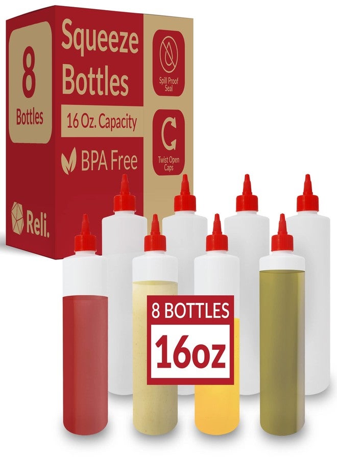 Reli. Plastic Squeeze Bottles, 16 oz. | 8 Pack | Condiment Squeeze Bottles for Sauces | Clear w/Red Twist Cap | 16 Ounce Hot Sauce, Ketchup | Condiments, Olive Oil, Liquids - Image 1
