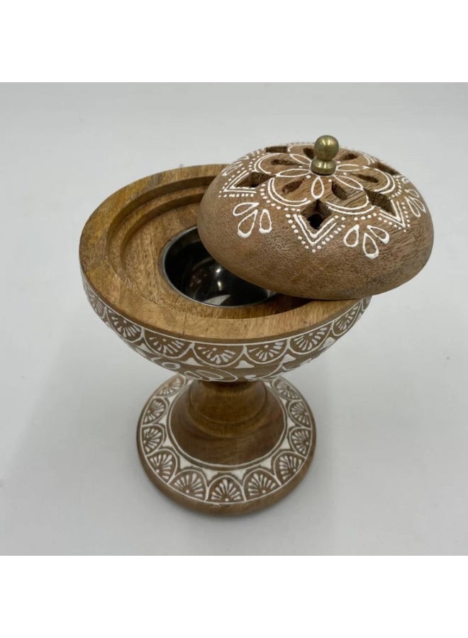 Round wooden incense burner with a handmade cover, made in India  - Image 1