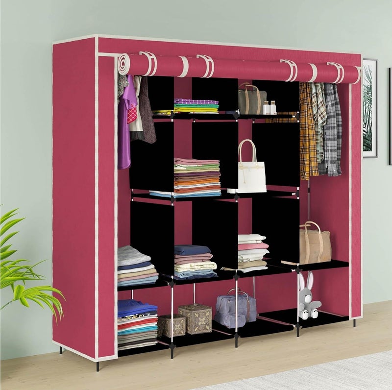 GTC 12 Shelves Fancy Layer Collapsible Wardrobe Portable Almirah Foldable Racks for Clothes Cupboard Cloth Organizer Non Rustable Iron and PP Plastic (Self Assemble) (88270) (Maroon) - Image 1