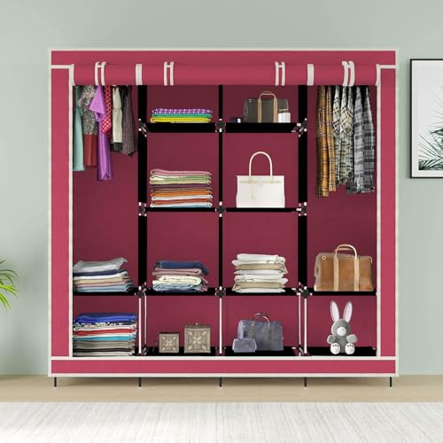 GTC 12 Shelves Fancy Layer Collapsible Wardrobe Portable Almirah Foldable Racks for Clothes Cupboard Cloth Organizer Non Rustable Iron and PP Plastic (Self Assemble) (88270) (Maroon) - Image 2
