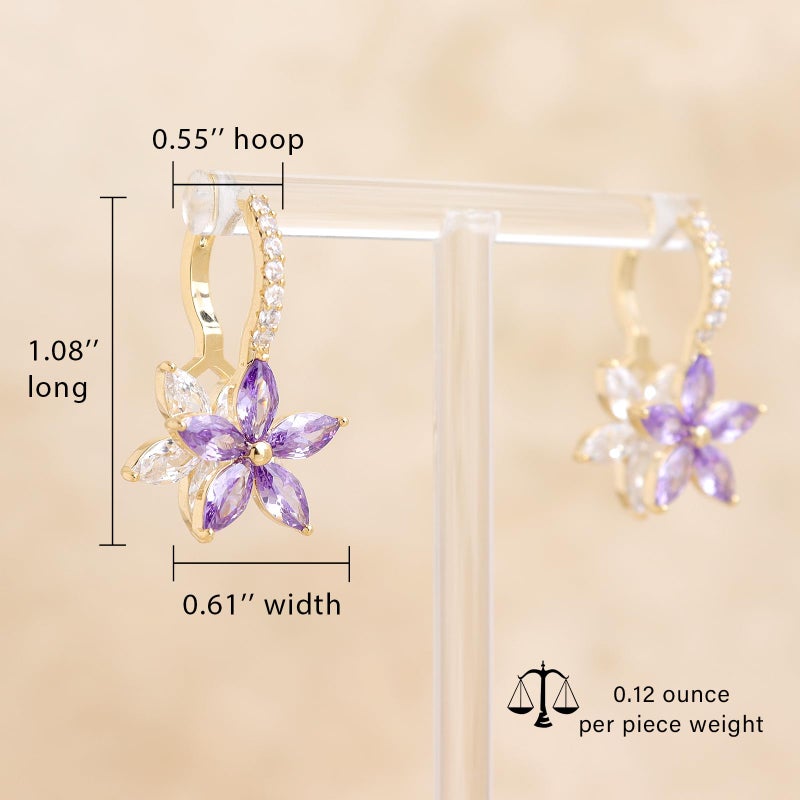 Sonateomber Gold Purple Flower Hoop Huggie Earrings for Women, Dainty 14k Gold Plated Crystal CZ Floral Dangle Earing Everyday Prom Fashion Jewelry Gift - Image 3