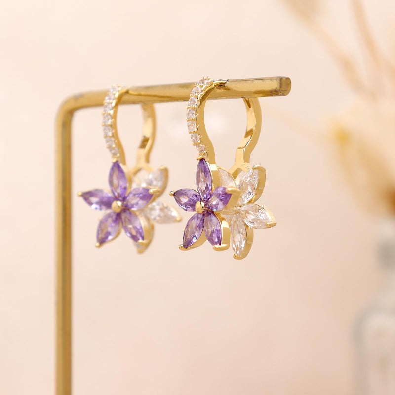 Sonateomber Gold Purple Flower Hoop Huggie Earrings for Women, Dainty 14k Gold Plated Crystal CZ Floral Dangle Earing Everyday Prom Fashion Jewelry Gift - Image 5