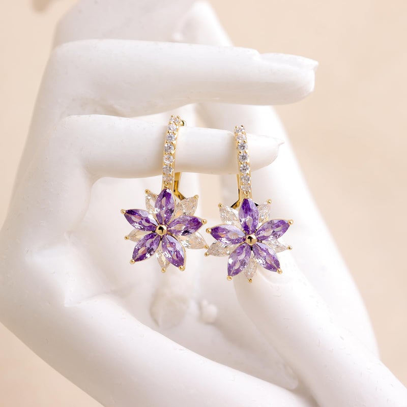 Sonateomber Gold Purple Flower Hoop Huggie Earrings for Women, Dainty 14k Gold Plated Crystal CZ Floral Dangle Earing Everyday Prom Fashion Jewelry Gift - Image 4