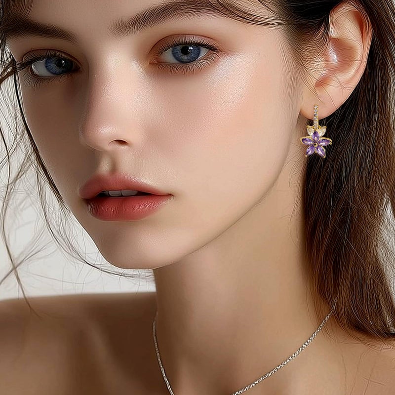 Sonateomber Gold Purple Flower Hoop Huggie Earrings for Women, Dainty 14k Gold Plated Crystal CZ Floral Dangle Earing Everyday Prom Fashion Jewelry Gift - Image 2