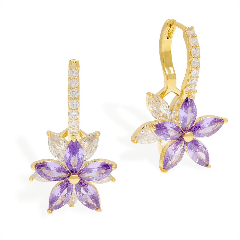Sonateomber Gold Purple Flower Hoop Huggie Earrings for Women, Dainty 14k Gold Plated Crystal CZ Floral Dangle Earing Everyday Prom Fashion Jewelry Gift - Image 1