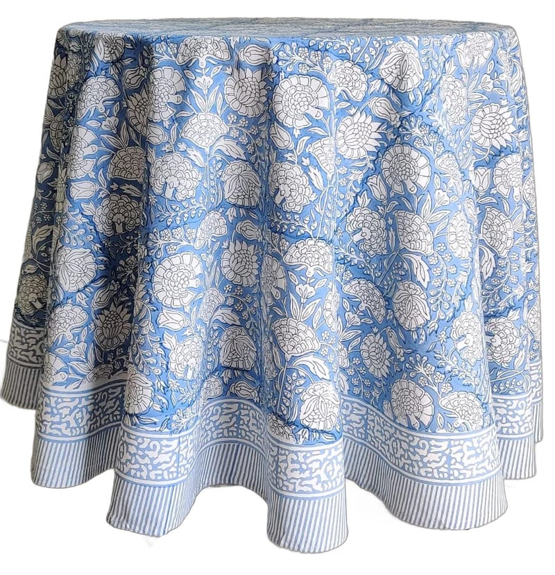 ATOSII Azora Blue 100% Cotton Round Tablecloth  Handblock Print Floral Table Cloth for Kitchen Dining Linen I Parties  Weddings  Outdoors I 90 "" Inches Round - Image 1