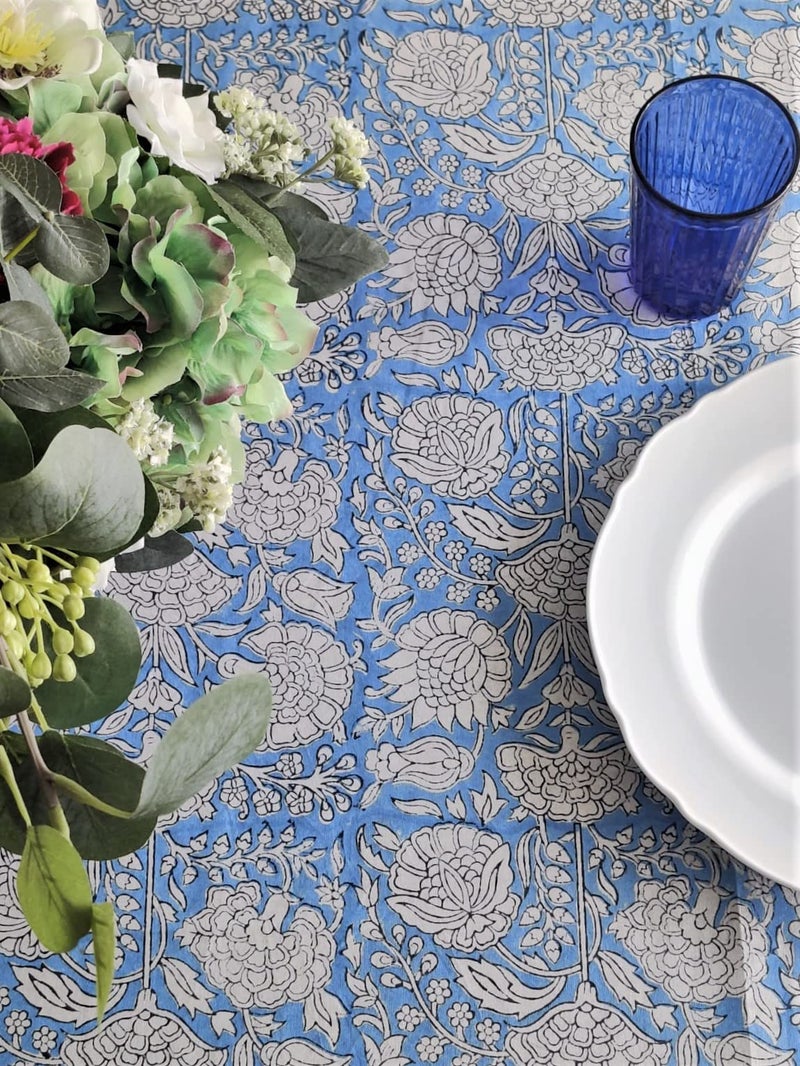 ATOSII Azora Blue 100% Cotton Round Tablecloth  Handblock Print Floral Table Cloth for Kitchen Dining Linen I Parties  Weddings  Outdoors I 90 "" Inches Round - Image 2